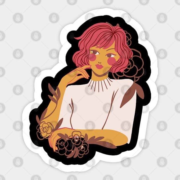 Wild Girl Floral Woman With Flowers Redhead Sticker by olivetees